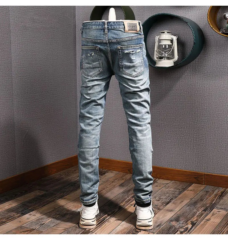 Street Fashion Men Jeans Retro Blue Stretch Slim Fit Hole Ripped Jeans Men Patched Designer Hip Hop Vintage Denim Pants Hombre