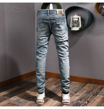 Street Fashion Men Jeans Retro Blue Stretch Slim Fit Hole Ripped Jeans Men Patched Designer Hip Hop Vintage Denim Pants Hombre