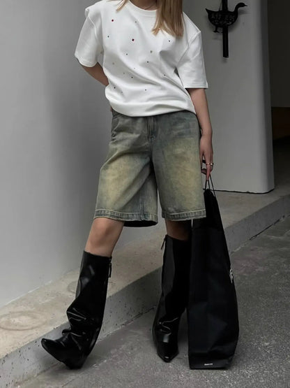 S-4XL Denim Shorts Women Chic Leisure Streetwear High Waist Korean Style Summer Knee Simple Comfortable Students Clothing New