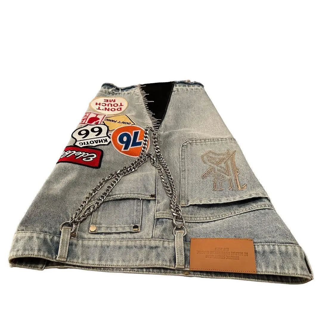 Y2k Cartoon Embroidery Jorts Man Women Harajuku Streetwear Retro Patchwork Denim Shorts Jeans Baggy Shorts Oversized