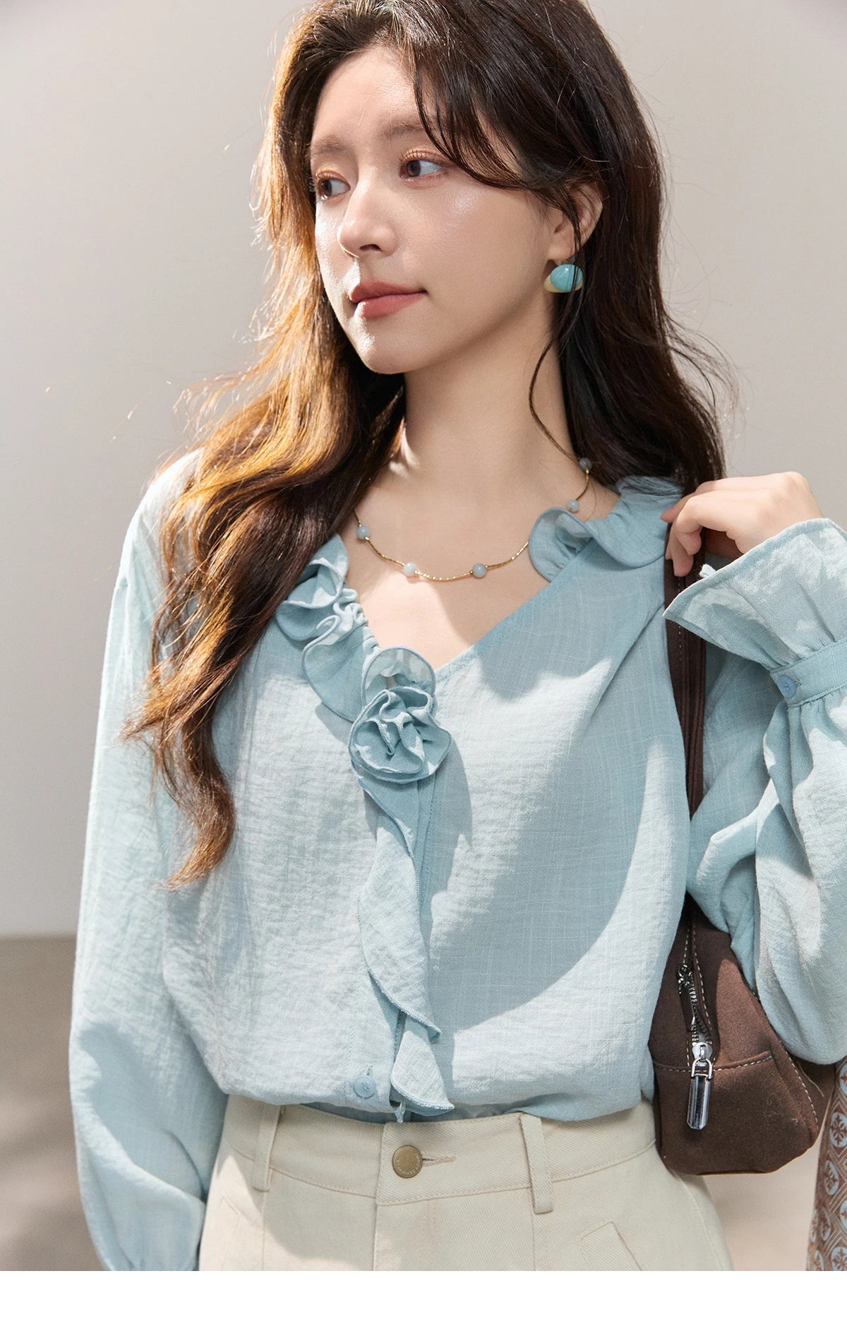Women's Asymmetric Ruffled V-neck Shirt Spring Light Blue Floral Applique Ruffle Cuffs Top Elegant Loose Shirt MXF14C2448