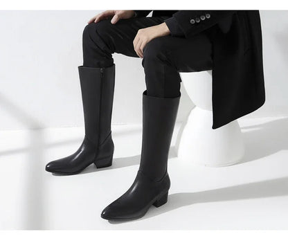 Italian Classic Men's Knee High Boots 5 Cm Heels Luxury Genuine Leather Comfortable Winter Warm Black Business Shoes Boots Man