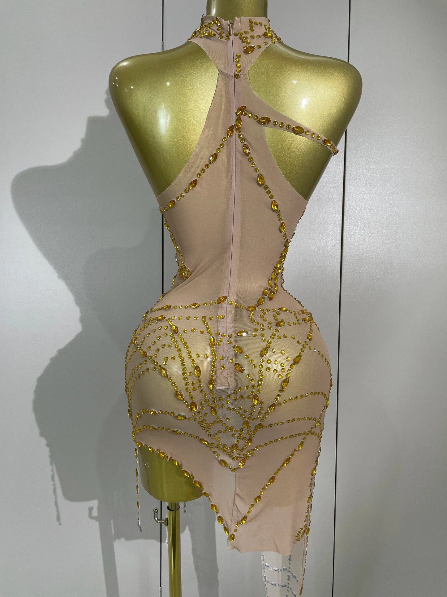 STOCK Sparkly Diamond Sexy Mesh Asymmetric Bodycon Mini Dress Women Nightclub Bar Party Show Gogo Dancer Clothing Stage Costume