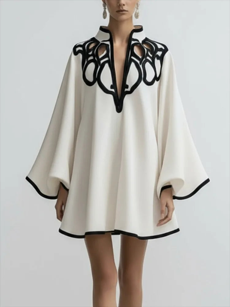 Freeacy Hollowed V-neck Mini Dress for Women Flared Sleeves A-line Pleated Dress 2026 Stylish Contrast Trims Elegant Party Dress