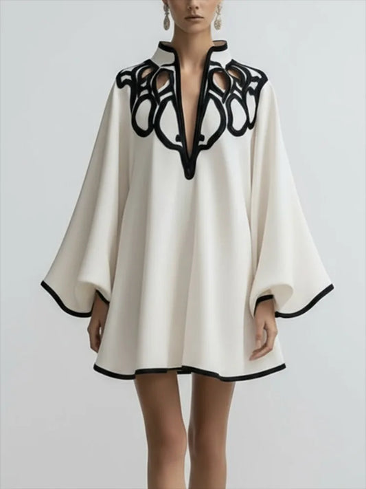 Freeacy Hollowed V-neck Mini Dress for Women Flared Sleeves A-line Pleated Dress 2026 Stylish Contrast Trims Elegant Party Dress
