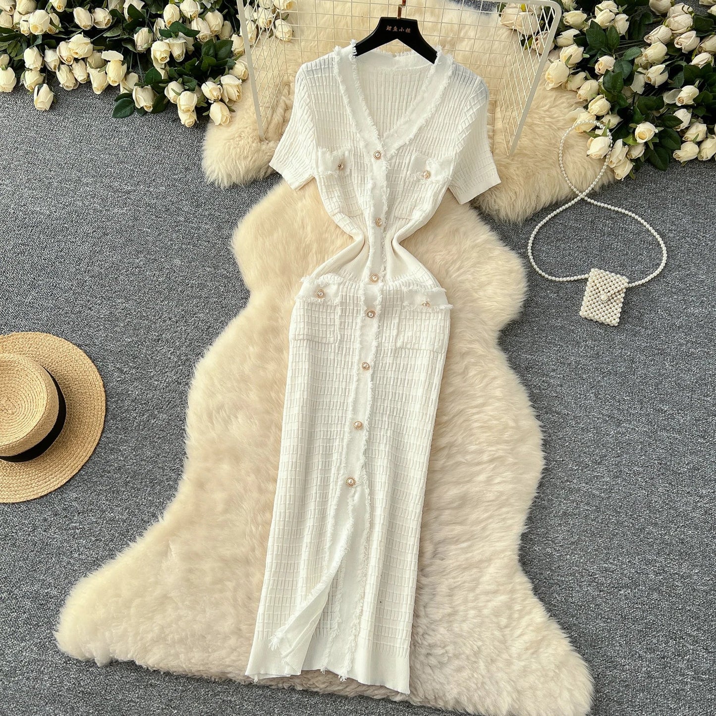 High Quality Elastic Knitted Long Sundress Women Short Sleeves Button Design Office Lady Vintage Split Slim Dress