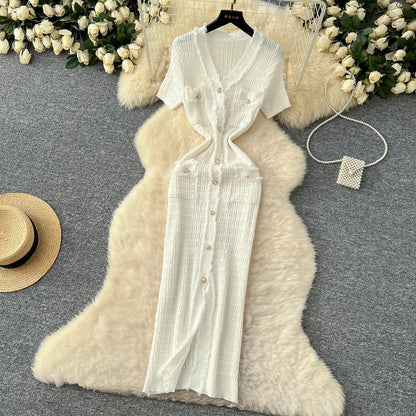High Quality Elastic Knitted Long Sundress Women Short Sleeves Button Design Office Lady Vintage Split Slim Dress
