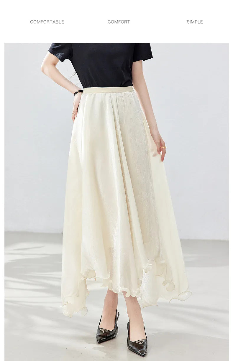 French A-line Shimmer Skirt for Women 2026 Summer New Fashion Irregular Ruffle Hem Elegant Office Maxi Skirt Bottoms 30813