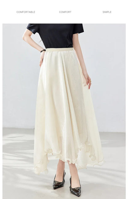 French A-line Shimmer Skirt for Women 2026 Summer New Fashion Irregular Ruffle Hem Elegant Office Maxi Skirt Bottoms 30813