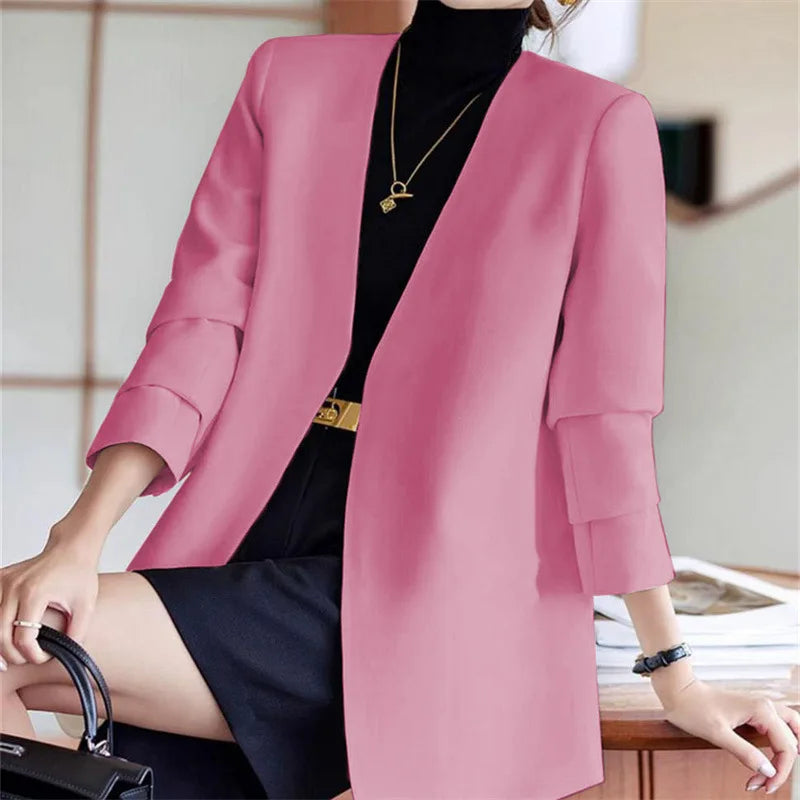 Fashionable Versatile Spring Autumn Women's Blazer Jacket Korean Style Street Style Long Sleeve Suit Coat Pure Color Commute...