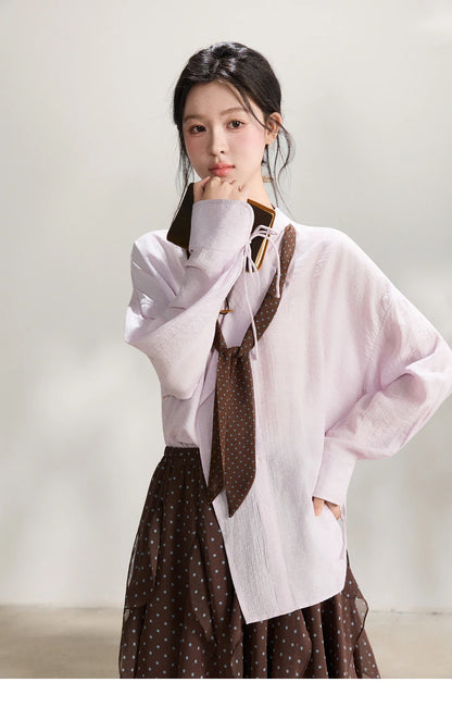 Women's Asymmetric V Neck Shirts 2026 Spring Lapel Casual Loose Tie Cuffs Solid Shirt with Polka Dot Ribbon MXF108X1002