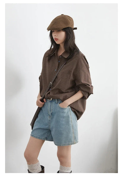 Women Shirt Loose Casual Single-breasted New Retro Contrast Plaid Embroidered Blouses Female Top Autumn Winter 2026