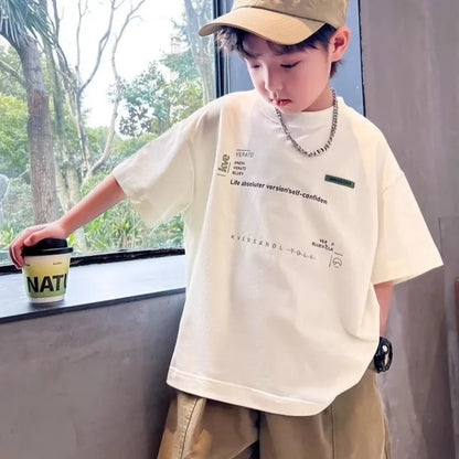 Cooling 100% Cotton Boys' Summer Short Sleeve T Shirt Big Tall Kids Loose Casual Trendy Hot Sale Apparel Wholesale