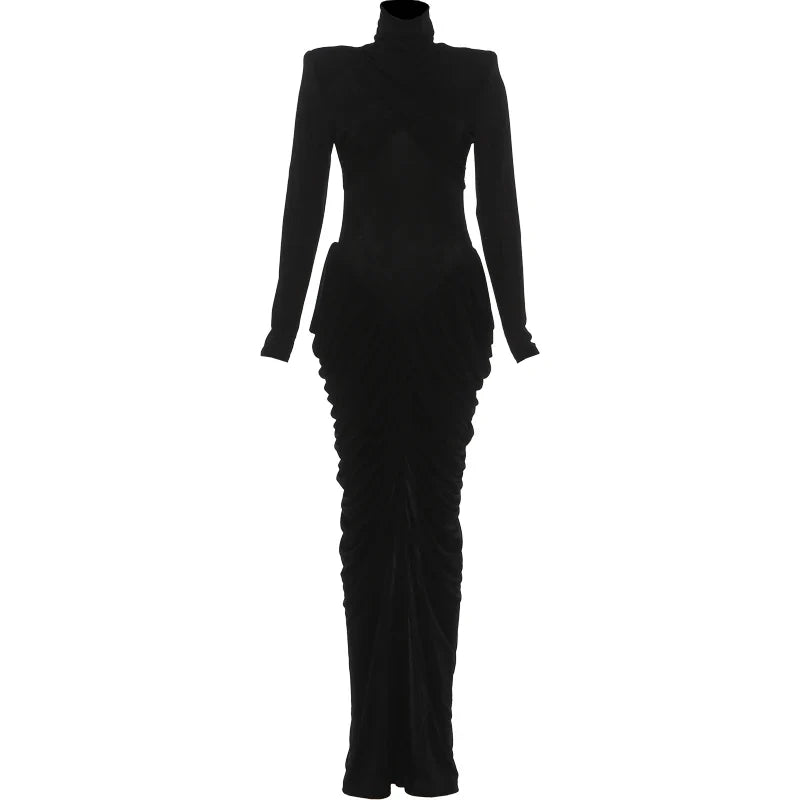 Autumn New Style Maxi Dress Women Turtleneck Full Sleeve Backless Skinny Stretch  Prom Party Ruched Elegant Vestidos