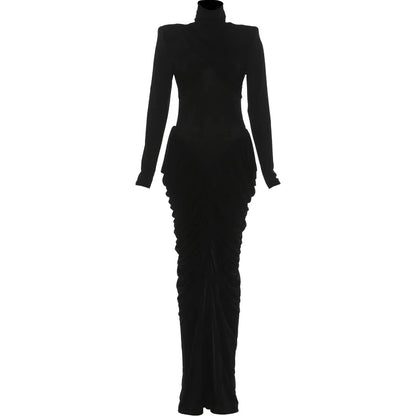 Autumn New Style Maxi Dress Women Turtleneck Full Sleeve Backless Skinny Stretch  Prom Party Ruched Elegant Vestidos