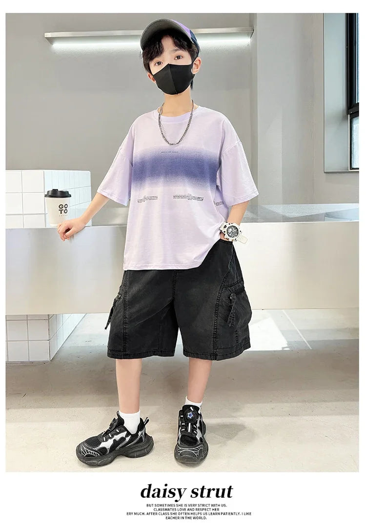 Luxury Children's Summer Clothing Top and Bottom Set For Boys 2PCS Cotton Outerwear Suit Kids School Clothes Tracksuit Age 5-14Y