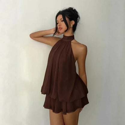 Women's Halter Neck Dress, Backless Tie-Front Chiffon Sheer Mini Skirt, Fashionable Sexy Y2K Vintage Cute Party Birthday Dress