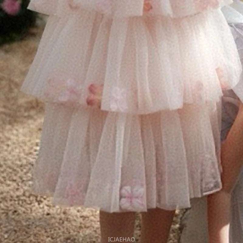 Girls Flower Tulle Cake Blue Pink Dress Princess Party Gown Dresses Kids Sleeveless Birthday Outfits Children Summer Costume