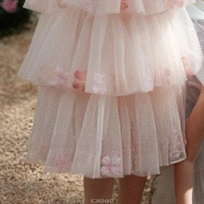 Girls Flower Tulle Cake Blue Pink Dress Princess Party Gown Dresses Kids Sleeveless Birthday Outfits Children Summer Costume