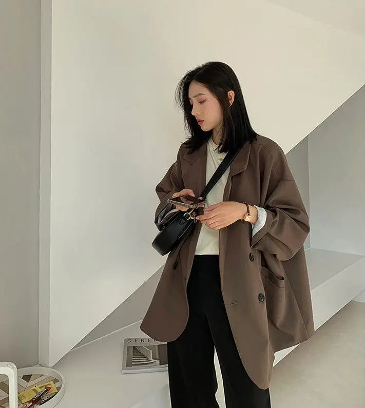 Oversize Blazers Women Long Sleeve Black Suit Streetwear Korean Chic Loose Jacket Spring Autumn Coat Double-breasted Tweed New
