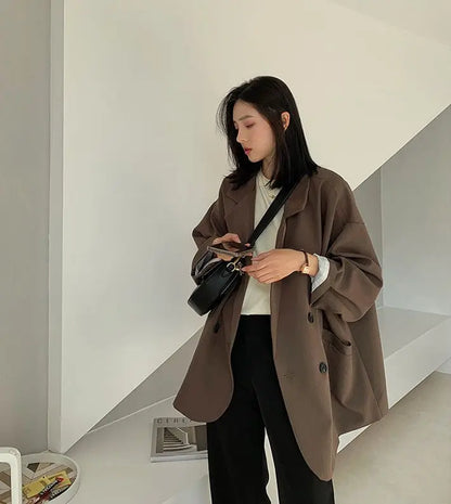 Oversize Blazers Women Long Sleeve Black Suit Streetwear Korean Chic Loose Jacket Spring Autumn Coat Double-breasted Tweed New