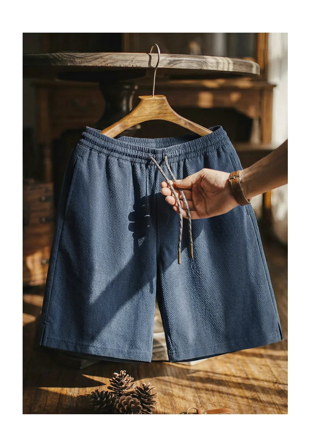 Men's Lightweight Seersucker Solid Shorts Texture Straight Five Inch Thin Breathable American Retro Workwear Casual Summer