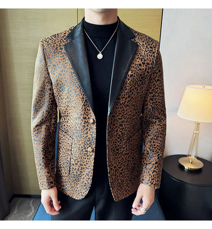 Splicing Leather Neck Casual Suit Jacket Fashion Leopard Men's Business Slim Fit Social Formal Blazers Wedding Groom Tuxedos