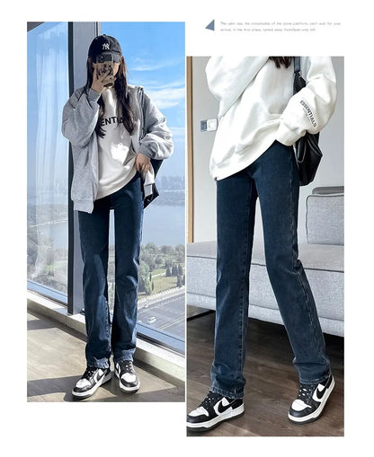 Black 2024 Winter Straight Fleece Jeans Women Casual Vintage Warm Thick Loose High Waist Elastic Velvet Denim Pants