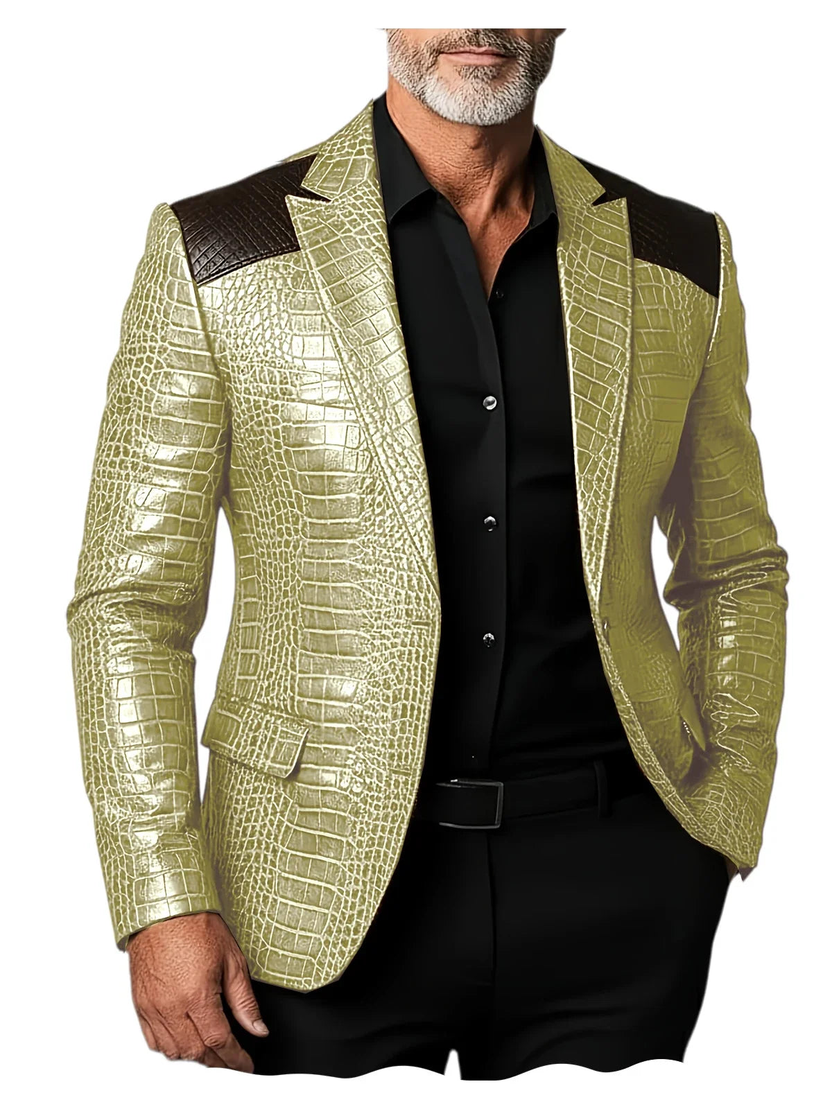 Men's Crocodile Pattern Leather Blazer Patchwork PU Leather Suit Jacket Notched Lapel Slim Fit Business Casual Coat Outerwear