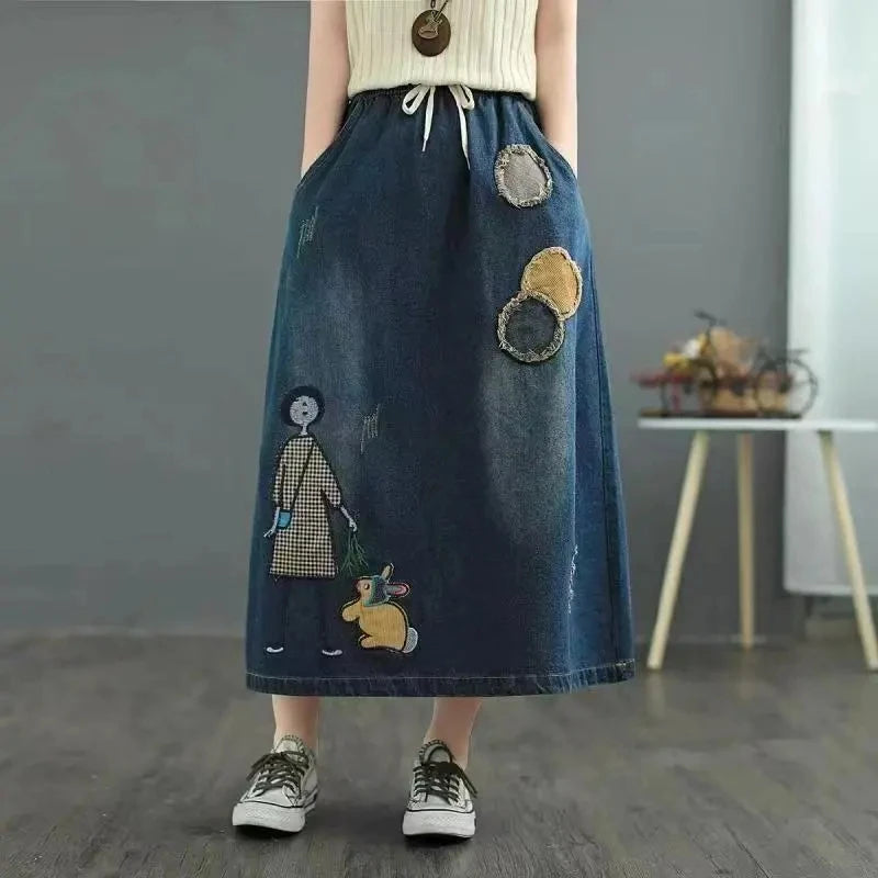 Summer New High Waist A-line Cowboy Skirt for Women Embroidery Slimming Versatile Fashion European American Style Half Skirts