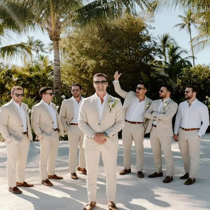 Beige Linen Wedding Suits for Groomsmen 2 Pieces Summer Men Suits Lightweight Breathable Blazer Pants Set Slim Fit Formal Outfit