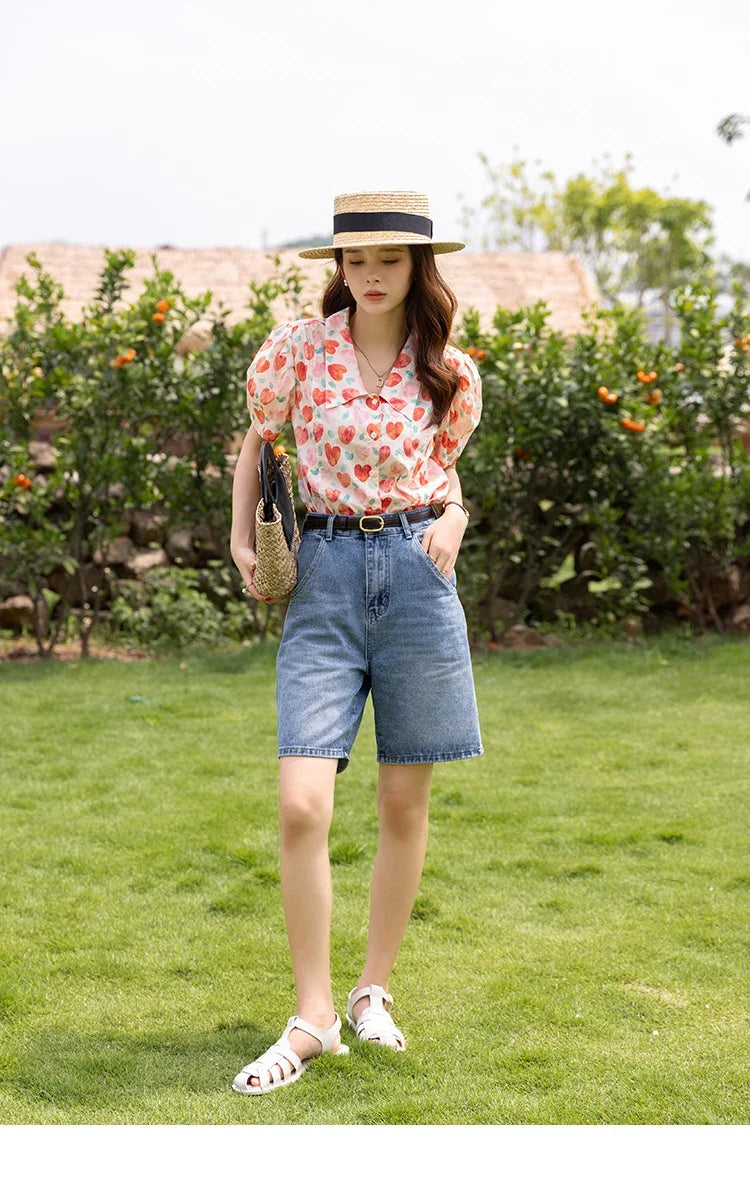 Korean Chic Fashion Women Stylish Blouses Summer French Sweet Retro Floral Polo-neck Puff Sleeves Tops MXB27C0450