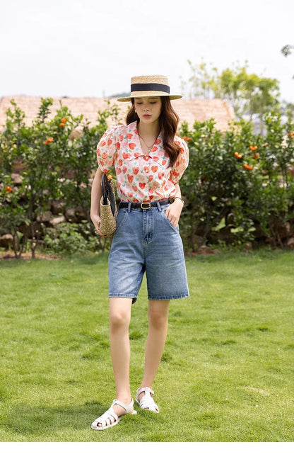 Korean Chic Fashion Women Stylish Blouses Summer French Sweet Retro Floral Polo-neck Puff Sleeves Tops MXB27C0450