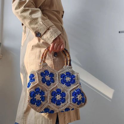 Handmade Crochet Granny Square Tote Bag with Bamboo-Style Handle, Vintage Woven Flower Pattern Shoulder Purse for Women