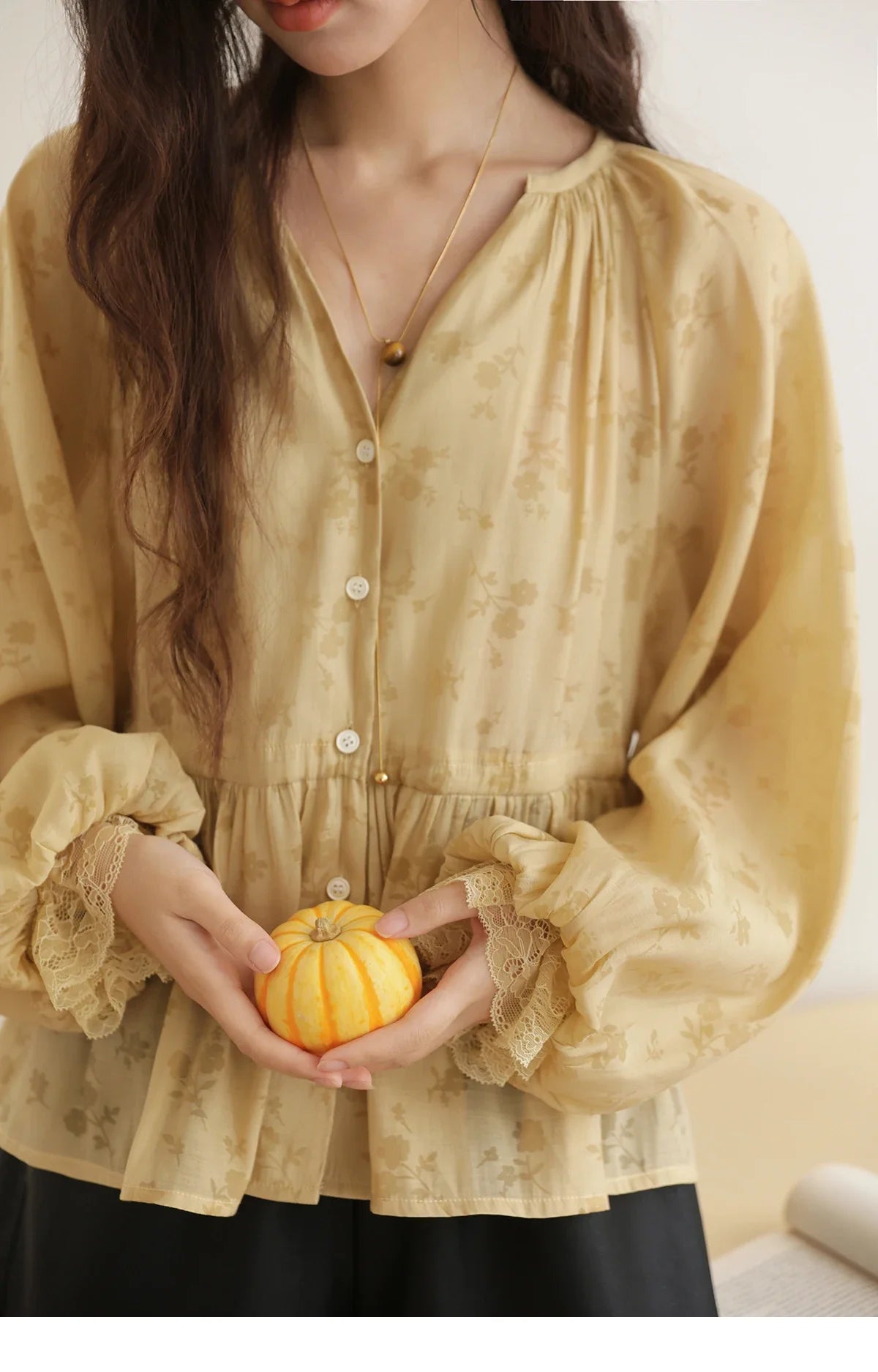 Elegant Woman Shirt 2025 Autumn Yellow Printing Lantern Sleeves Shirt Commute Drawstring Waist Lace Trim Top MXE45X2499