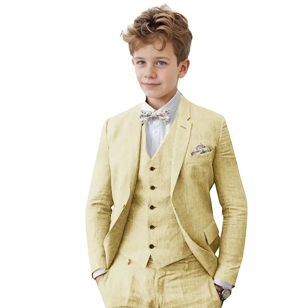 Breathable Linen Boys Suit Set 3 Pieces For Wedding Party,Notched Lapel Kids Suits Piano Performance Outfit Toddler 3-16Y
