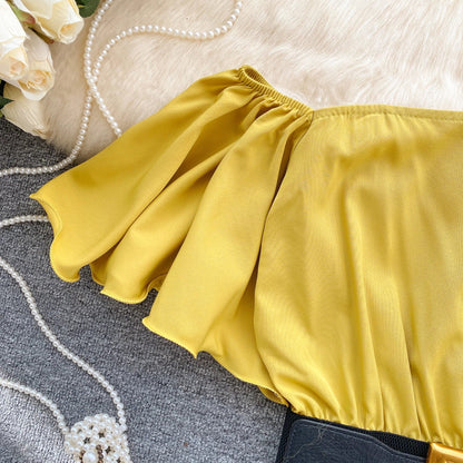 American Chic Blouse for Women Flounced Edge Skew Collar Bare Midriff Belt Skinny Shirts Summer Casual Female Tops Dropshipping