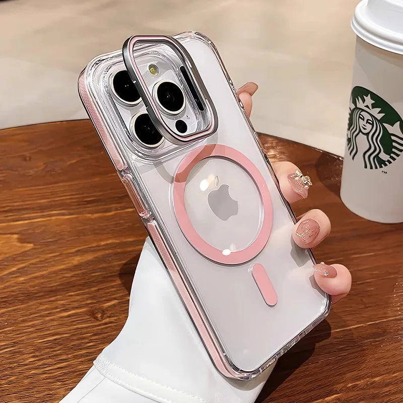 Luxury Lens Holder Shockproof Magnetic Case For iPhone 16 15 14 Plus 13 12 17 Pro Max 17Air 16e Magsafe Fashion Clear Cover