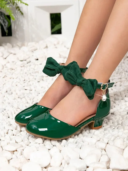 Fashion Girls Wedding Party Sandals for Dress Elegant Children Causal Princess High Heel Sandals Kids Leather Shoes with Bowknot
