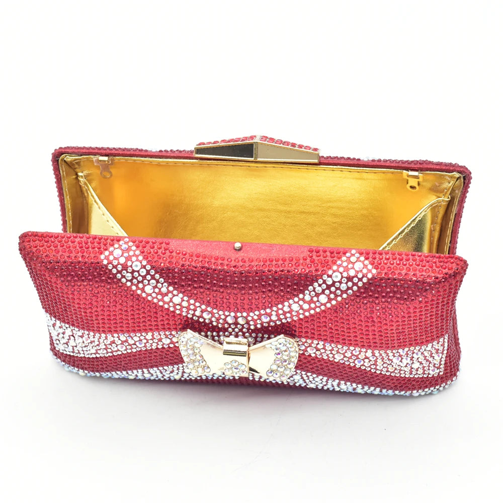 Latest Red Color Italian Ladies Shoes and Bag Sets Decorated with Rhinestone African Matching Shoes and Bags Italian In Women