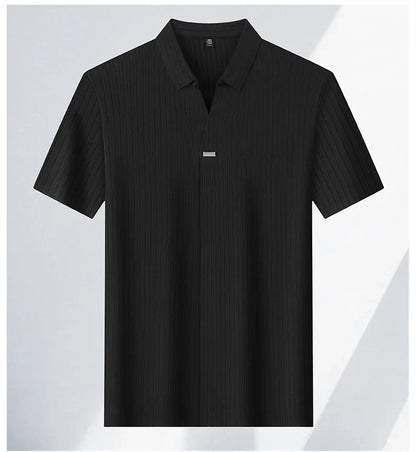 High quality personality texture stripe short sleeve polo shirt summer ice silk breathable buttonless men's solid color T-shirt