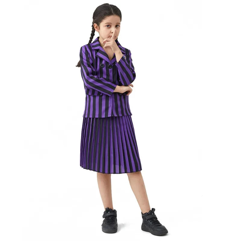 Girl Addams Family Halloween Cosplay Costume Girls Gray Purple Wednesday Addams Uniform Suit Skirts Wig Hand Wednesday Clothes