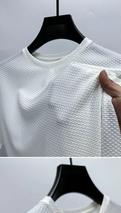 Men Ice Silk Bamboo Mesh T-shirt Summer Elastic Short Sleeve Round Neck Tees Casual Slim Fit Basic Tops Trendy Male Daily Streetwear Shirts