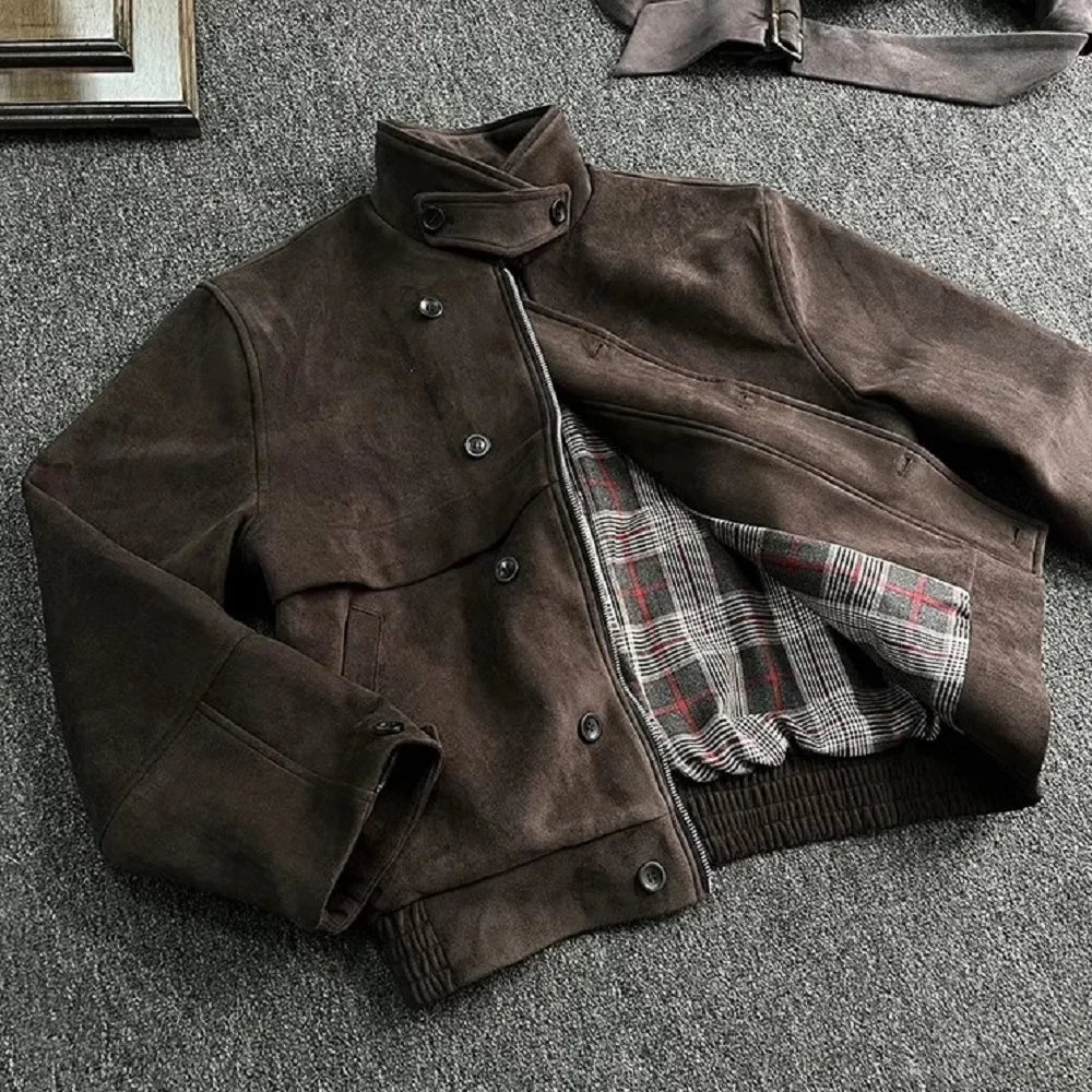 Spring Autumn Cool Short Soft Brown Faux Suede Leather Jacket Men Turn-down Collar Zipper Luxury Designer Clothes