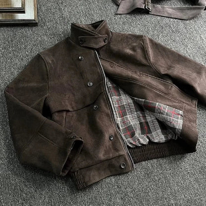 Spring Autumn Cool Short Soft Brown Faux Suede Leather Jacket Men Turn-down Collar Zipper Luxury Designer Clothes