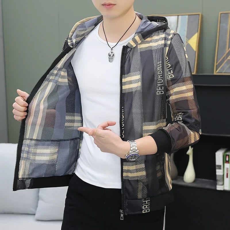Men's Summer Mesh Sun Protection Clothing Trendy Stripe Print Ice Silk Cool Feeling Breathable Quick Dry Hooded Jacket