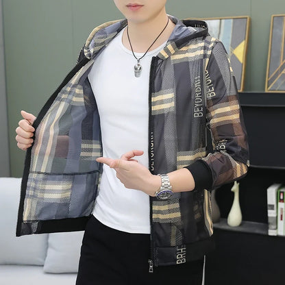 Men's Summer Mesh Sun Protection Clothing Trendy Stripe Print Ice Silk Cool Feeling Breathable Quick Dry Hooded Jacket