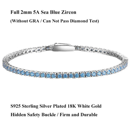 Full 2mm Violet Pink Blue White 5A Zircon Tennis Bracelet for Woman S925 Silver High Carbon All Colored Gemstone Bracelets