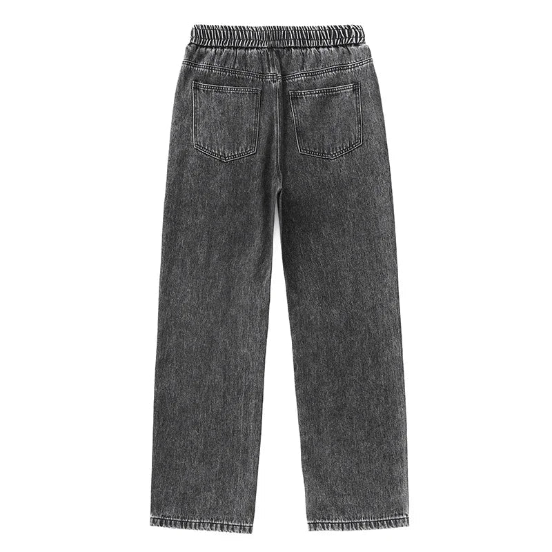 Men Dark Blue Blue Stretch Elastic Waist Denim Pants Streetwear Loose Full Length Trousers Straight Wide Leg Drawstring Jeans