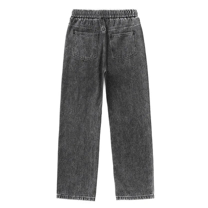 Men Dark Blue Blue Stretch Elastic Waist Denim Pants Streetwear Loose Full Length Trousers Straight Wide Leg Drawstring Jeans